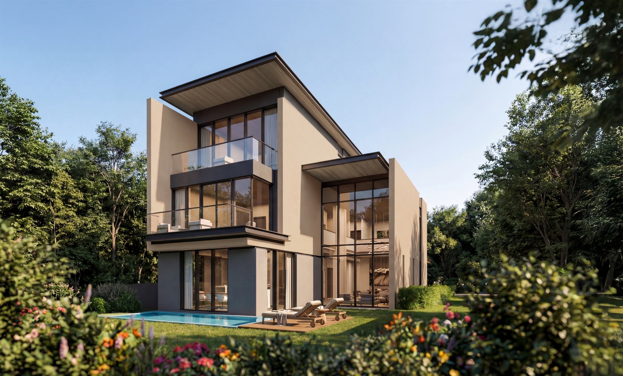 A contemporary Sobha City villa with a private pool and landscaped garden at golden hour