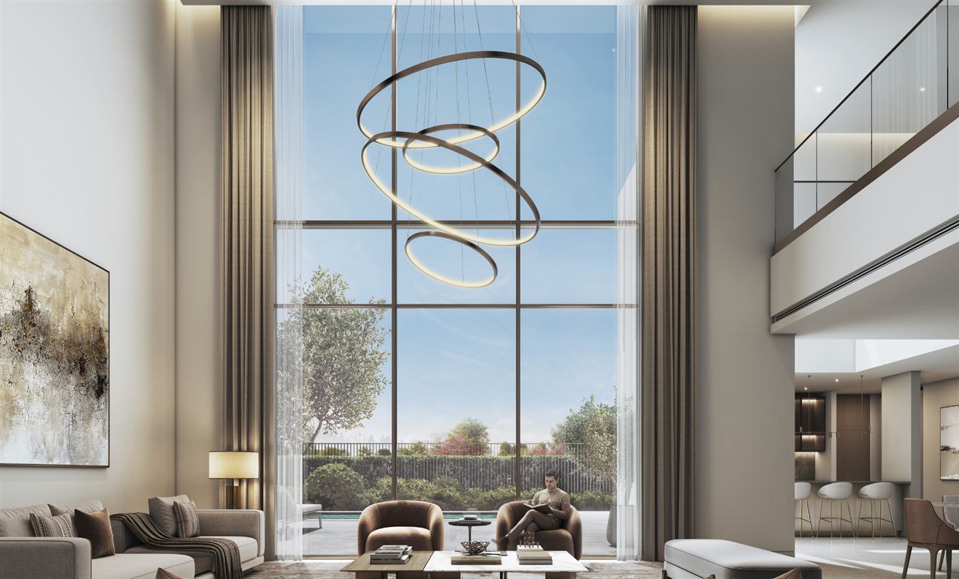 Double-height living room with floor-to-ceiling windows in a 5-bedroom villa