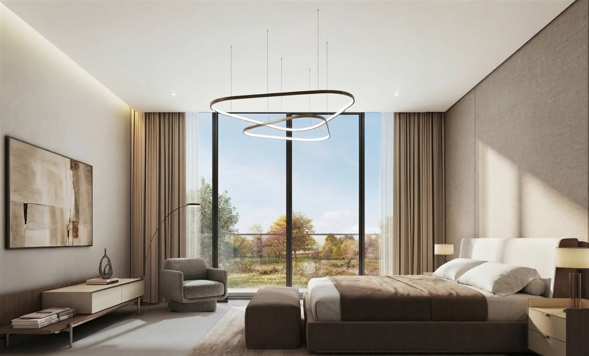 Townhouse bedroom with garden views